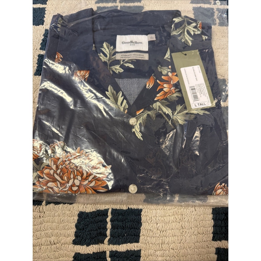 Goodfellow & Co Vacay Navy Blue Floral Button-Up Shirt Men Size Large Tall